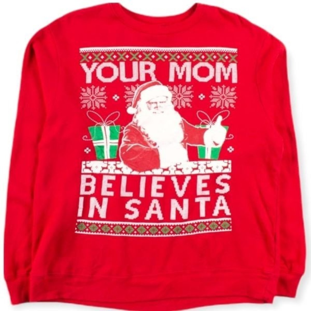 Vintage "Your Mom Believes in Santa" Red Ugly Christmas Sweater S